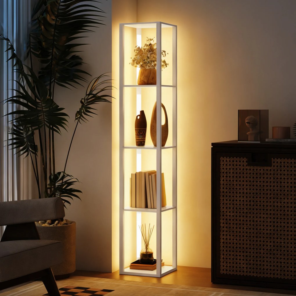 HOMCOM Lampa stojąca LED z półkami, nowoczesna ściemniana lampa stojąca z 3 poziomami jasności i przełącznikiem nożnym, biały | Aosom PL