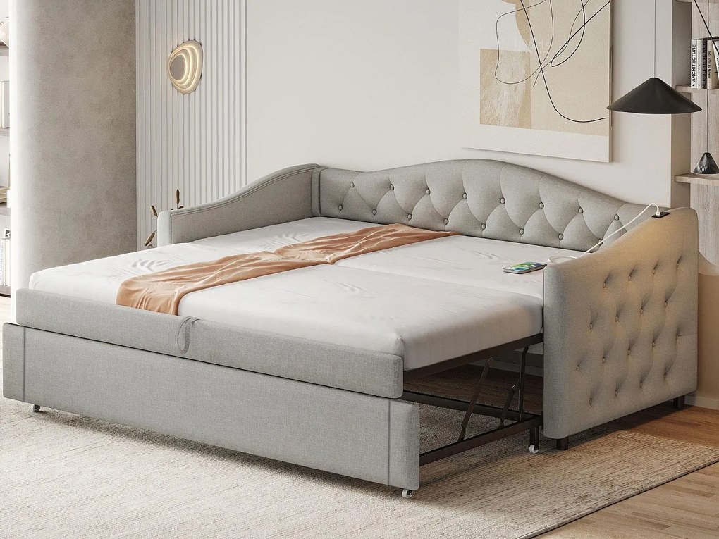 Łóżko piętrowe 90x200cm i 90x190cm z lnu - z portem USB i stelażem na listwy - Szare