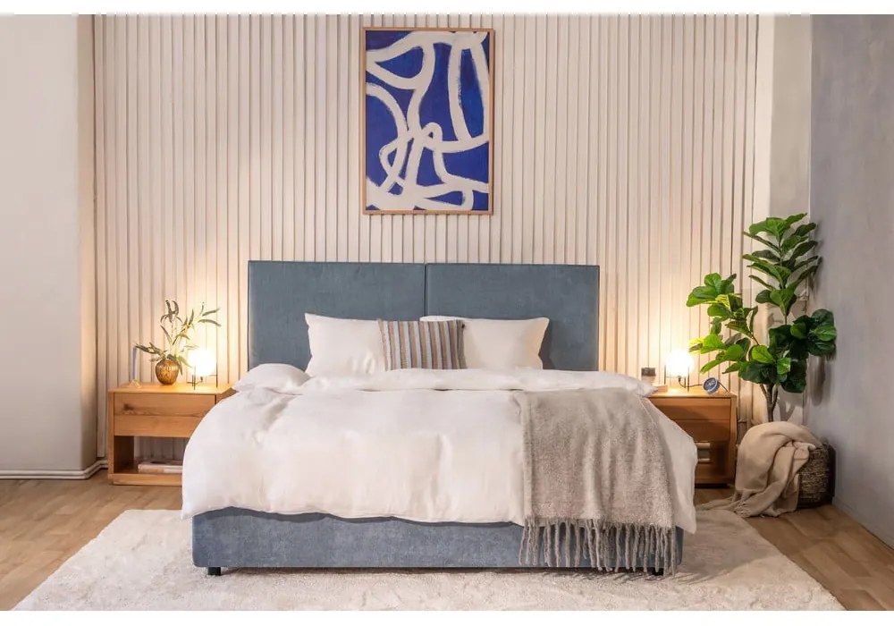Niebieskie tapicerowane łóżko dwuosobowe ze schowkiem z materacem i stelażem 180x200 cm Myra Bold – Bonami Selection