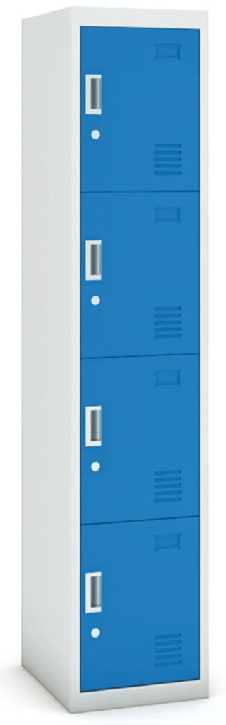 Szafka skrytkowa, 4 schowki, 1800 x 380 x 450 mm, demontaż, zamek cylindryczny, drzwi niebieskie
