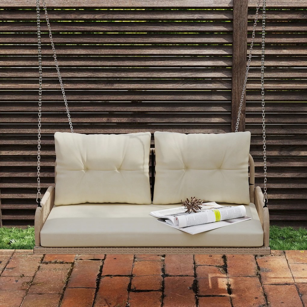 Outsunny Huśtawka Ogrodowa 2-osobowa z Rattanu z Poduszkami do 240 kg 115 x 66 x 44 cm Beżowa