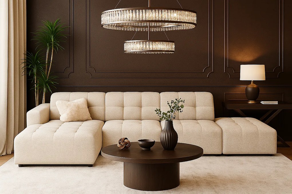 Narożnik z pufą lewostronny Bergamo B  – tkanina Raven  24 kremowa, 341×166×70 cm