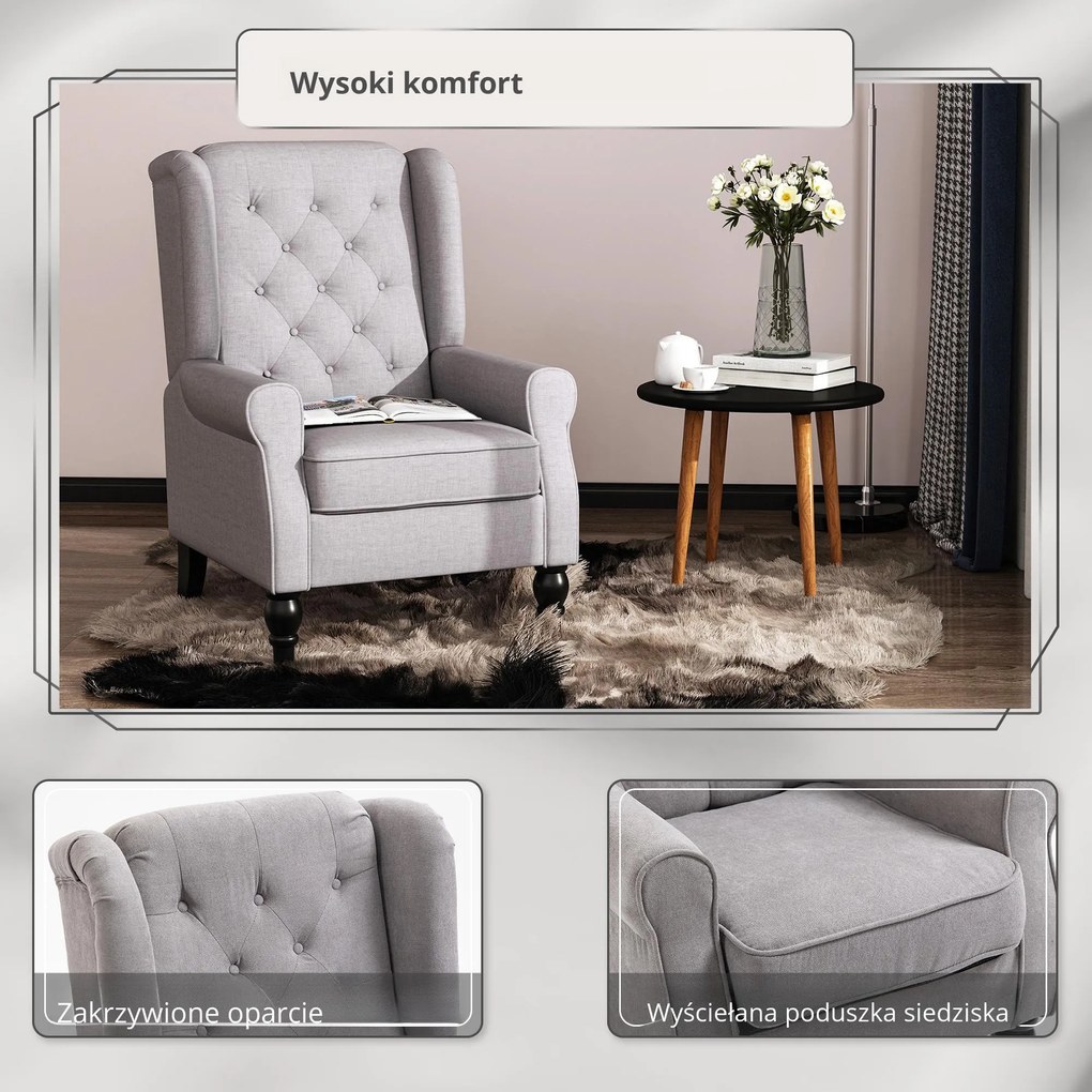 HOMCOM Elegancki Fotel Uszak z Pikowaniem i Drewnianymi Nogami w Kolorze Szarym