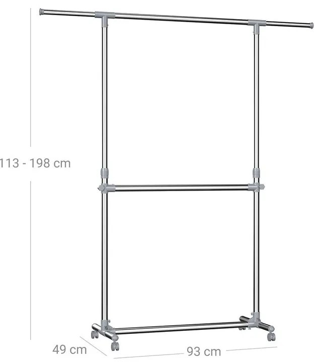 Stojak na ubrania dwupoziomowy JASON, 93x49x113-198cm, srebrna SongmicsHome