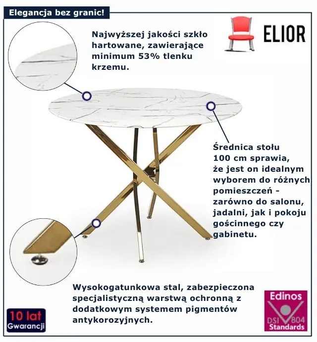 Okrągły szklany stół biały marmur + złoty F6-L46