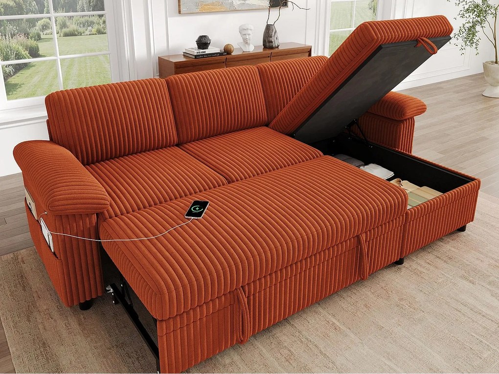 Kanapa Narożna Rozkładana 212x150x89cm - Kanapa Rewersyjna ze Skrzynią na Pościel, Porty USB/Type-C, Regulowane Oparcie, Tkanina Welurowa Prążkowana - Pomarańczowy