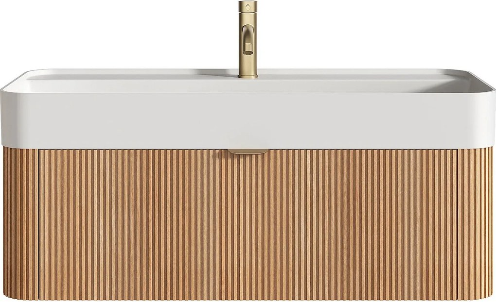 Wisząca szafka łazienkowa z prążkowanego drewna jesionowego z umywalką podblatową do zabudowy i baterią - Jasny naturalny - 100 cm - BULMAS