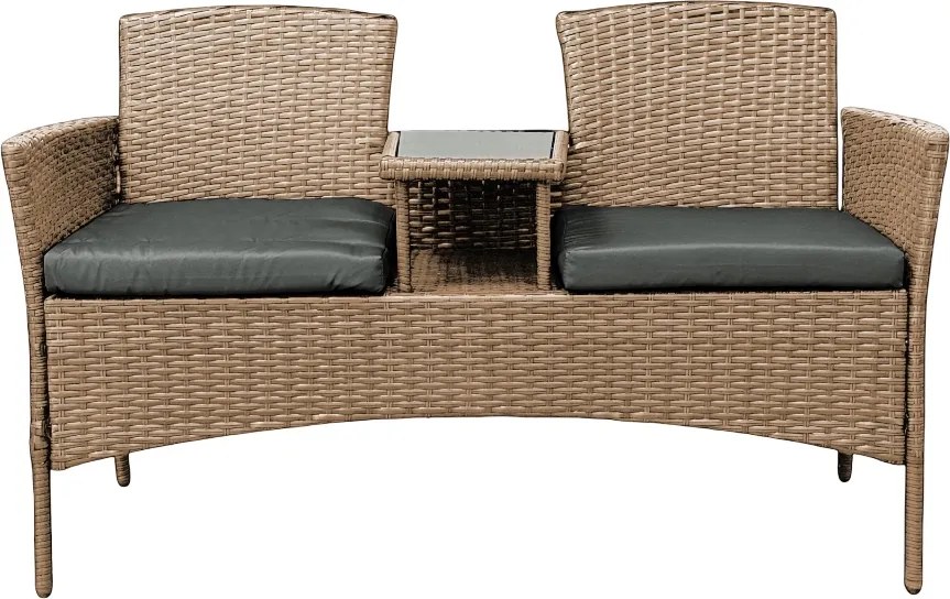 Meble ogrodowe Ratina, dwuosobowa sofa ze stolikiem, kolor naturalny, poduszki szare