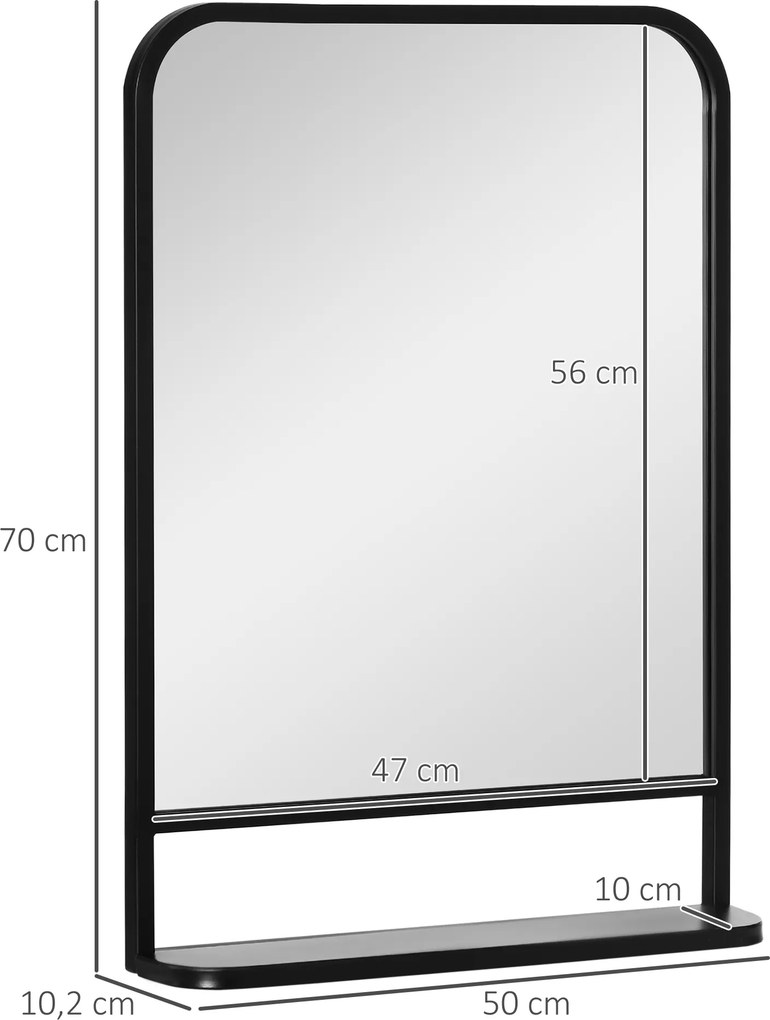 HOMCOM lustro ścienne z półką czarne metalowe zaokrąglone krawędzie stylowe lustro do łazienki 70x50 | Aosom PL