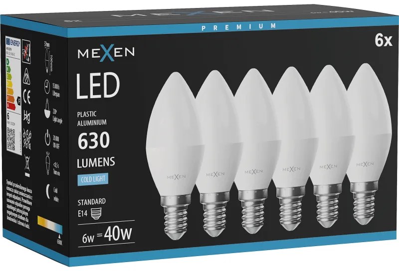 Mexen Nova 6x żarówka LED E14, C37, 6W, Zimna  - 6500K, 630 lm - L102-E14-0665-01x06