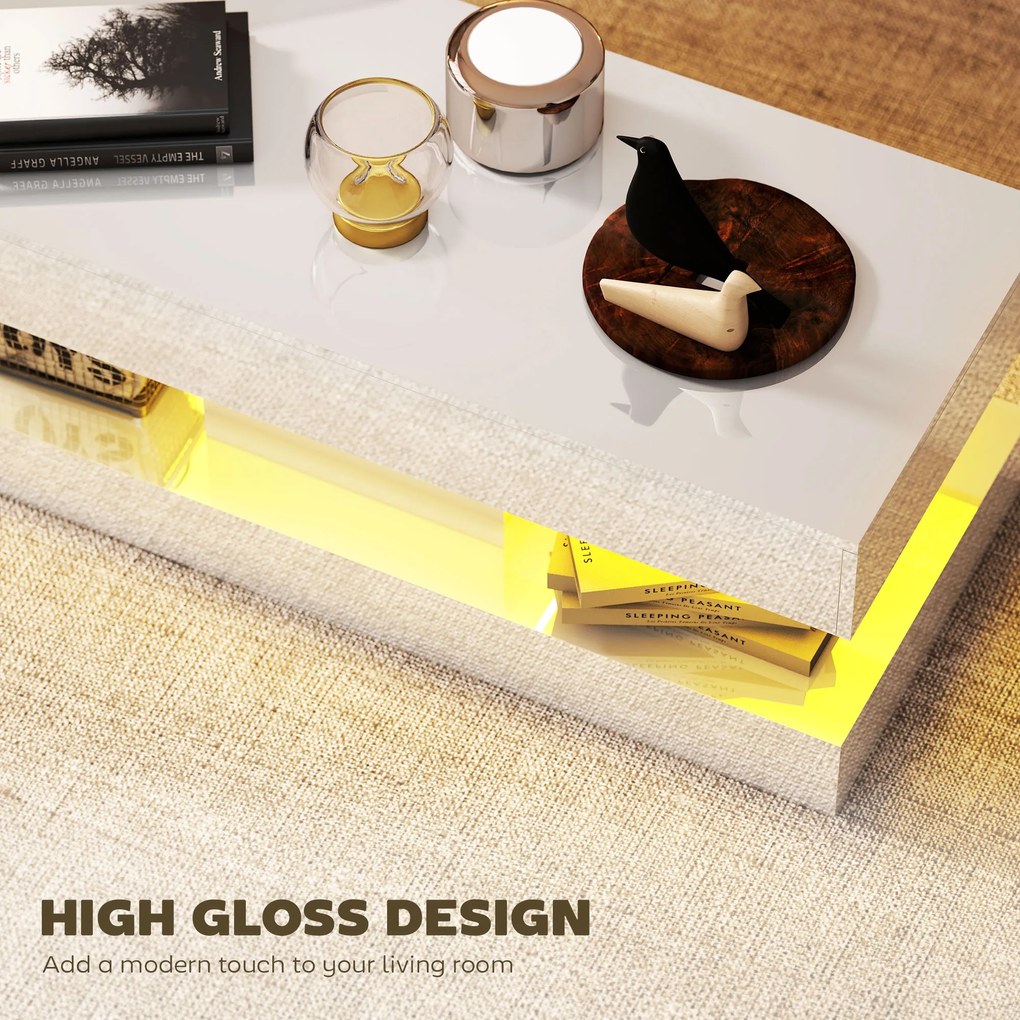 HOMCOM Stół do salonu z szufladami i lampkami LED, nowoczesny stół do kanapy z otwartą półką, stół kawowy, płyta wiórowa, Biały