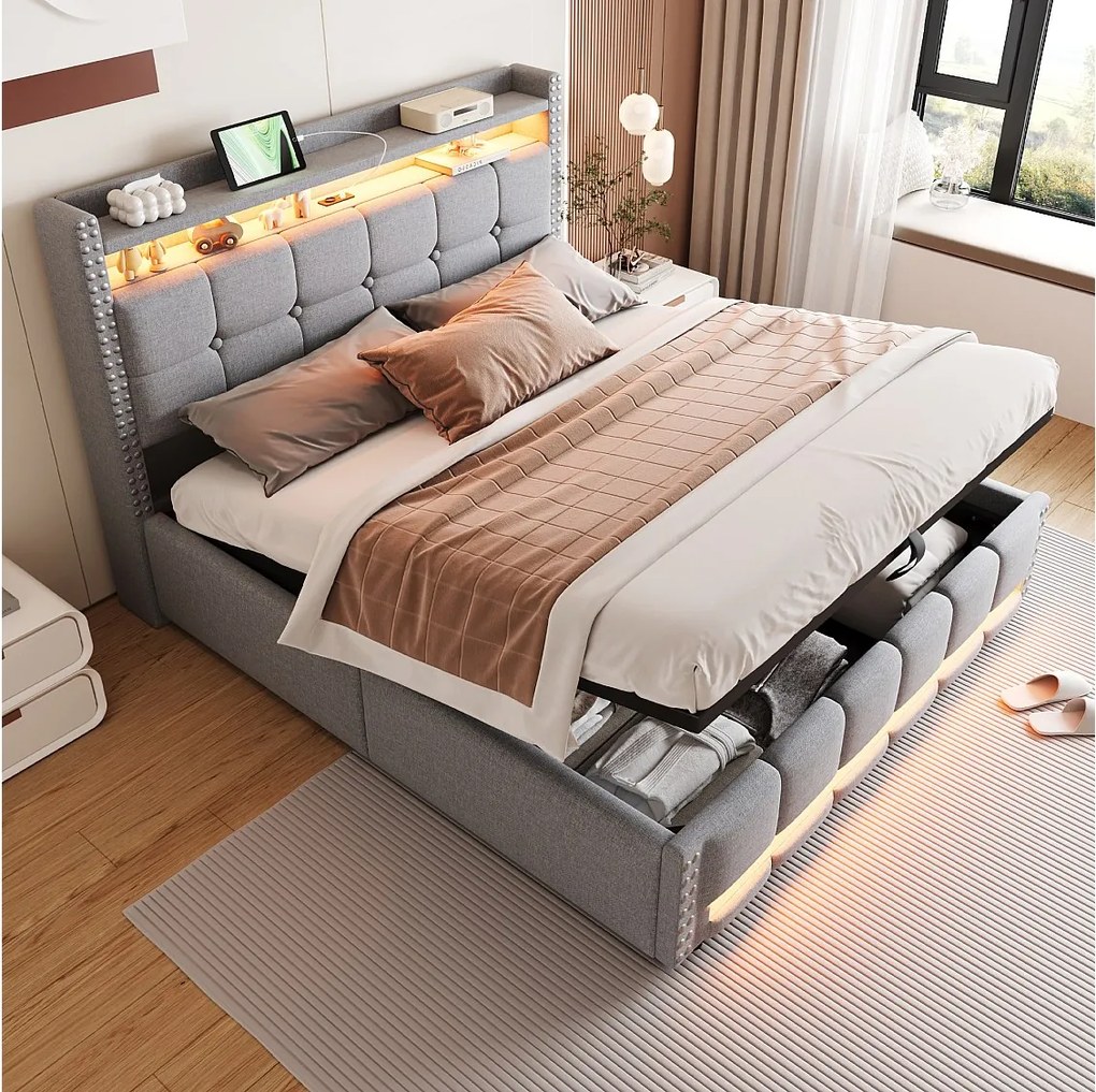 Łóżko 160x200 cm z pojemnikiem - Łóżko dla dorosłych Łóżko z oświetleniem LED i portem USB - Zagłówek z półkami i schowkiem - Jasnoszary len