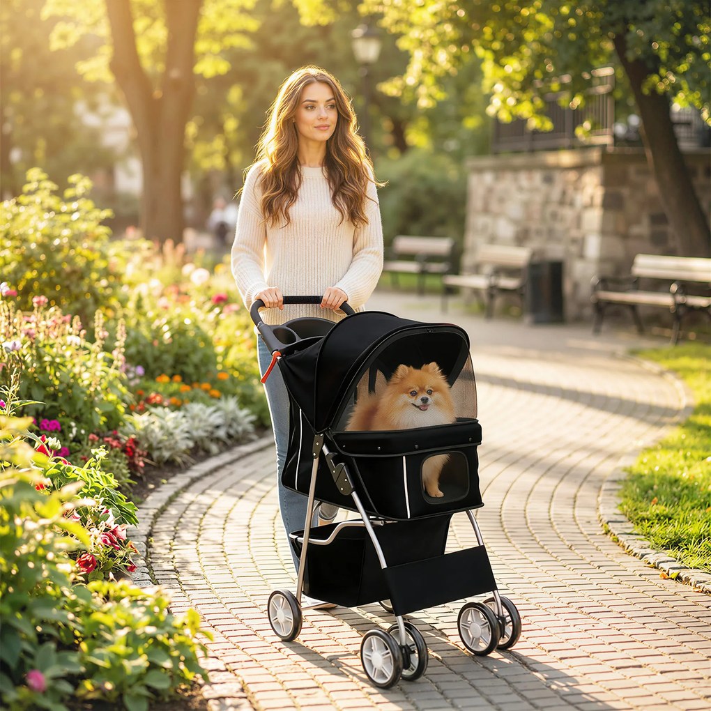 PawHut Wózek dla psa, składany wózek z odblaskami, koszem na zakupy i poduszką dla małych psów do 10 kg, 77x44x102 cm, czarny | Aosom PL