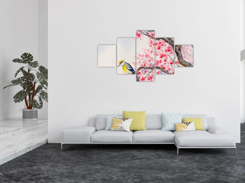 Obraz - ptak na drzewie z czerwonymi kwiatami (125x70 cm)