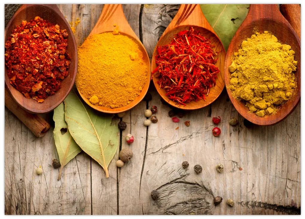 Obraz na szkle - Przyprawy na drewnie (70x50 cm)