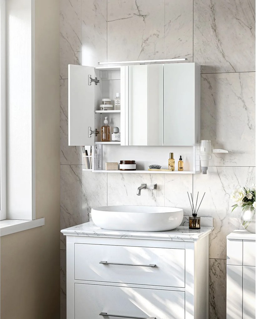 Szafka Łazienkowa z Lustrem Wisząca, z oświetleniem, Biała- BBK124W14