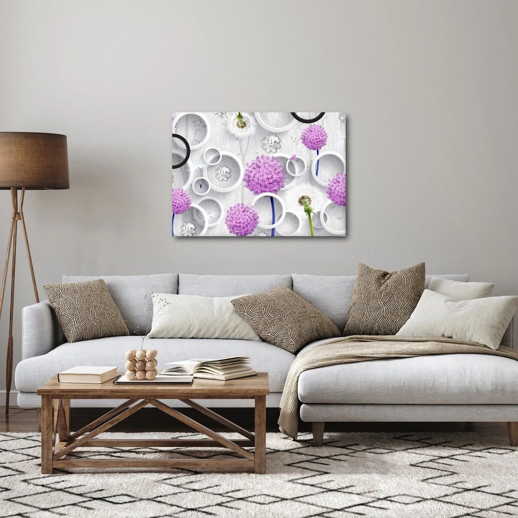Obraz abstrakcji 3D z kołami i kwiatami (70x50 cm)