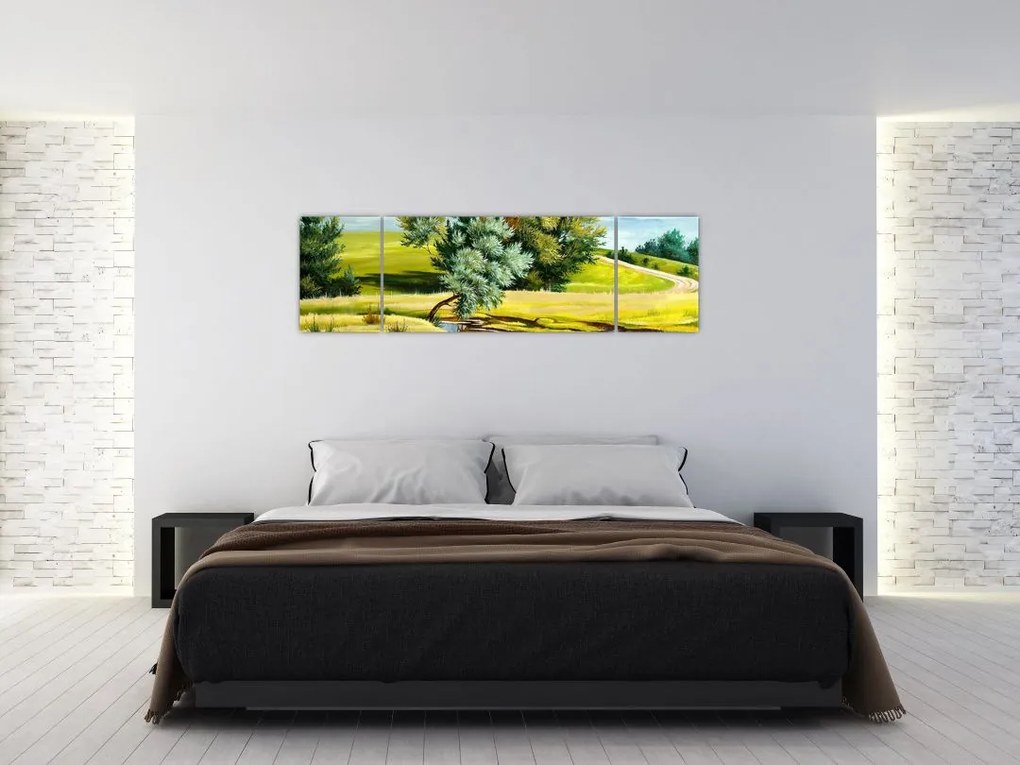 Obraz - rzeka między łąkami, obraz olejny (170x50 cm)
