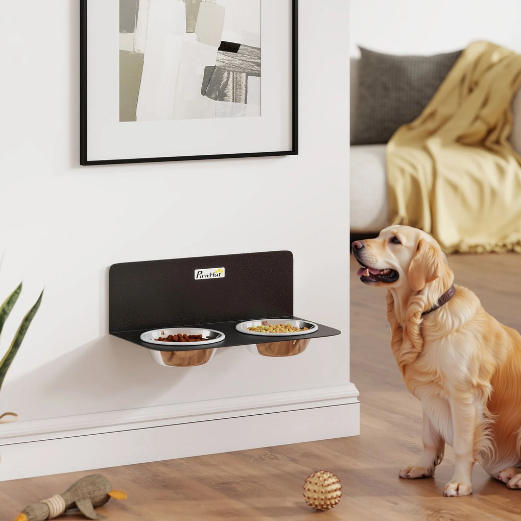 PawHut Miska dla psa regulowana wysokość ścienna z 2 x 800 ml miskami 42 x 23,5 x 14 cm Czarny | Aosom PL
