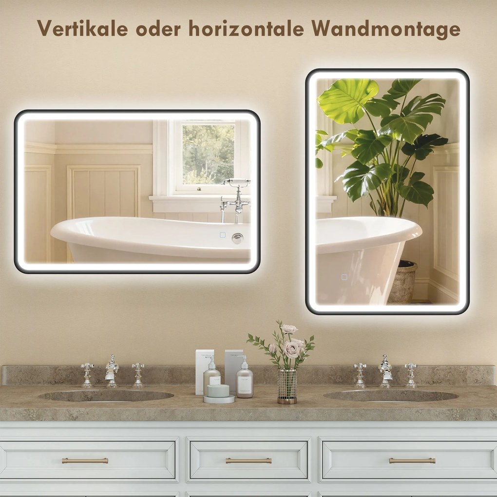 HOMCOM 90 x 60 cm lustro łazienkowe LED, światła, 3 kolory, ściemnialne, funkcja pamięci, poziomo i pionowo, czarne