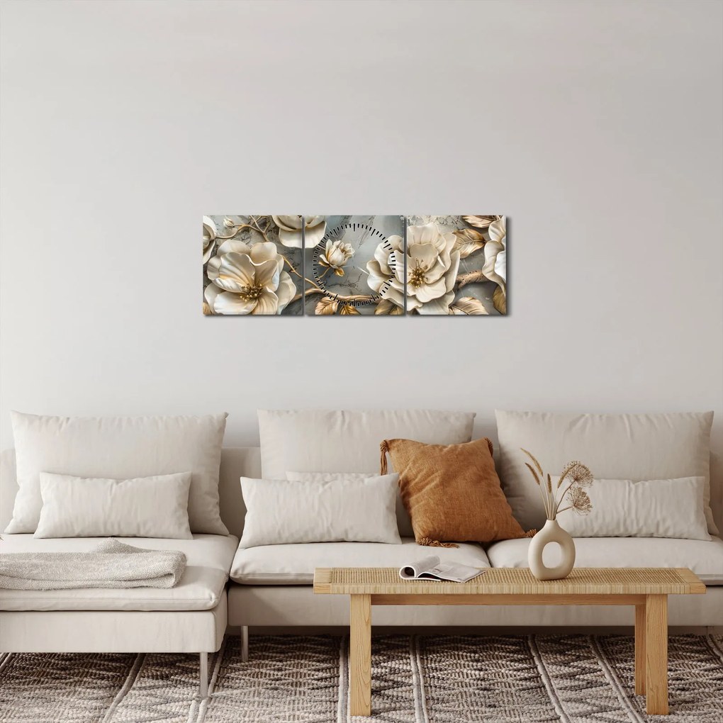 Obraz - Marmurowe tło z kwiatami (z zegarem) (90x30 cm)