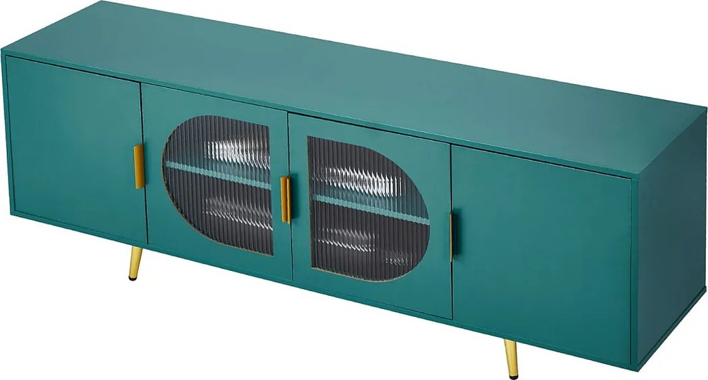 Mebel pod Telewizor SucceBuy, do Telewizorów o Przekątnej do 190,5 cm, Nowoczesna Ławka pod Telewizor, Złote Nóżki i Regulowane Półki, Schowek do Salonu, Zielony