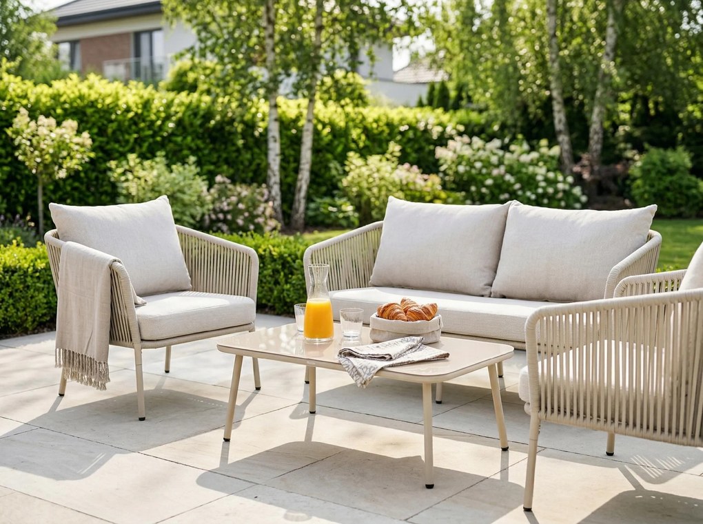 Zestaw mebli ogrodowych beżowy aluminium sofa fotele stolik sznurowanie