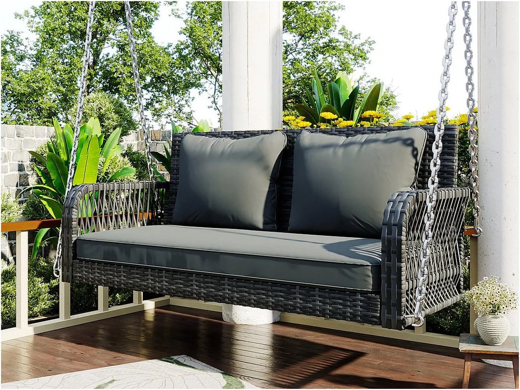 Fotel wiszący z plecionki syntetycznej - Huśtawka ogrodowa - 2 miejsca - z poduszkami - Szary