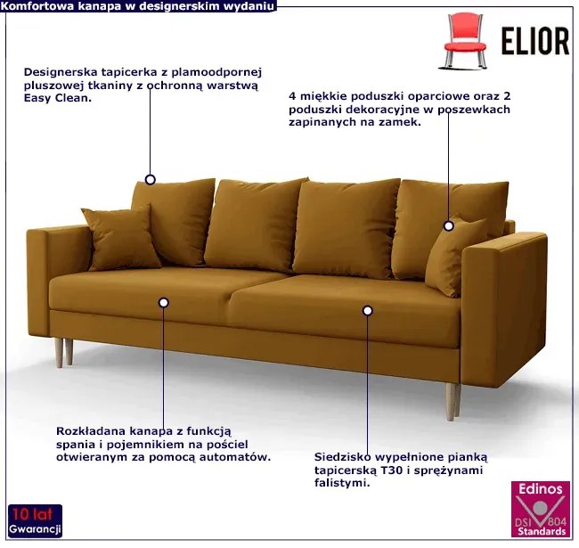 Musztardowa welurowa sofa rozkładana - Diamante