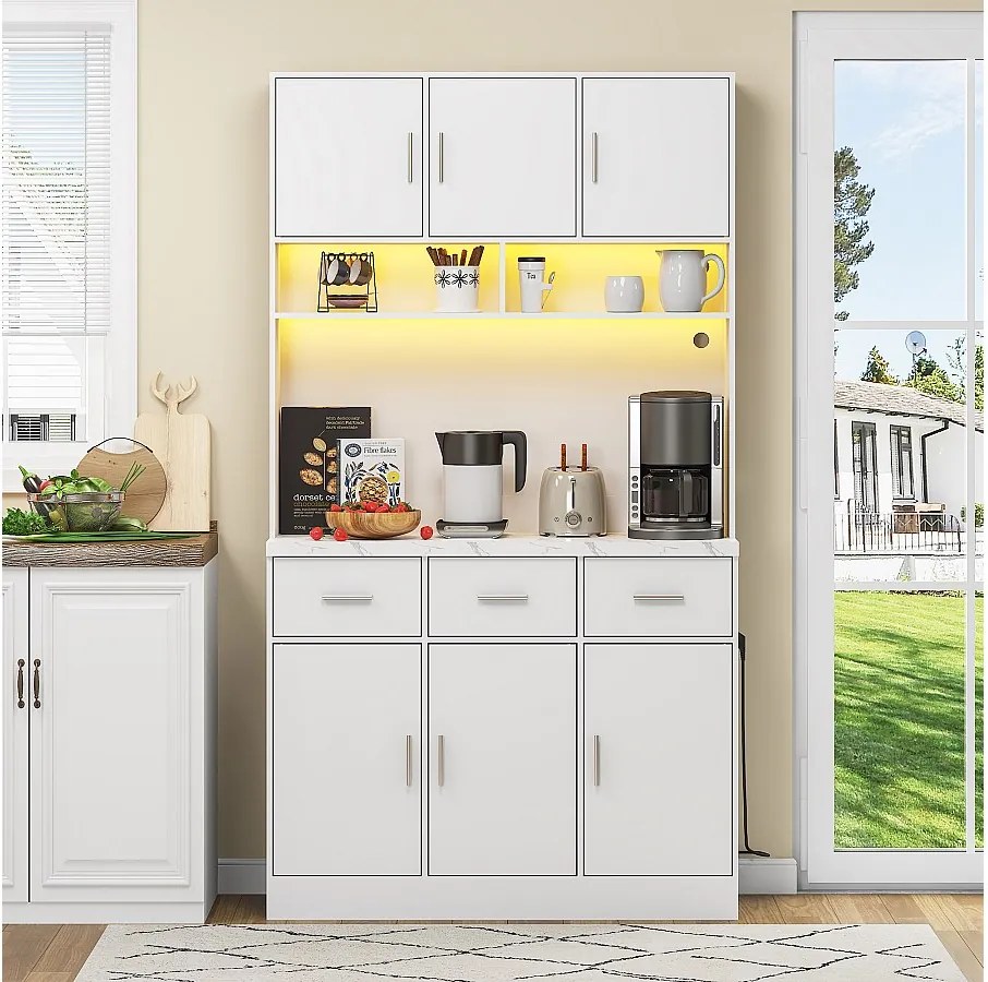 Wysoka komoda z oświetleniem LED, 6 drzwiami i 3 szufladami do przechowywania - biała