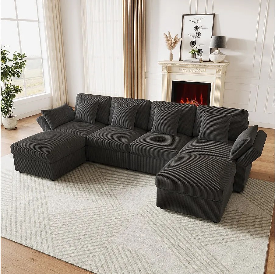 Narożnik U-kształtny 6-osobowy - 290 x 159,5 x 89 cm - z regulowanymi podłokietnikami + wyjmowany puf - welur - szary