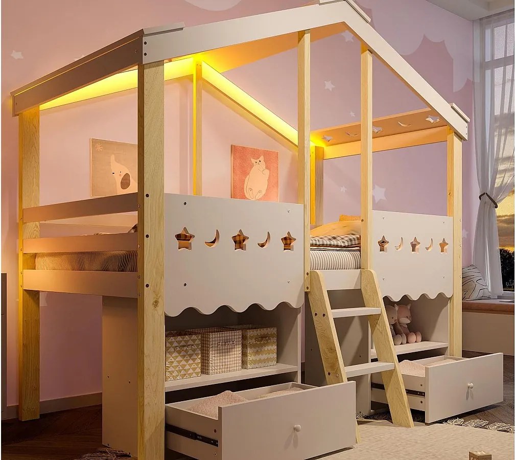 Łóżko domek dla dzieci 90×200 cm - kształt domku - z 2 szufladami - z taśmą LED - białe + naturalne (materac nie jest zawarty)