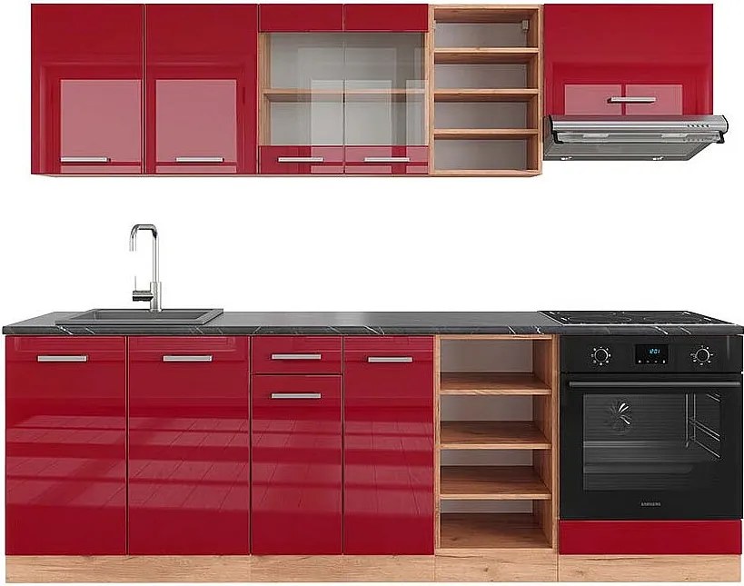 Zabudowa kuchenna czerwony wysoki połysk/złoty dąb 240x60x81.6 r-line