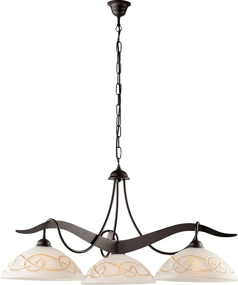 Bilbao żyrandol z czarnego lakierowanego żelaza, dekor z efektem rdzy, białe i bursztynowe klosze szklane, industrialny styl, 3 światła