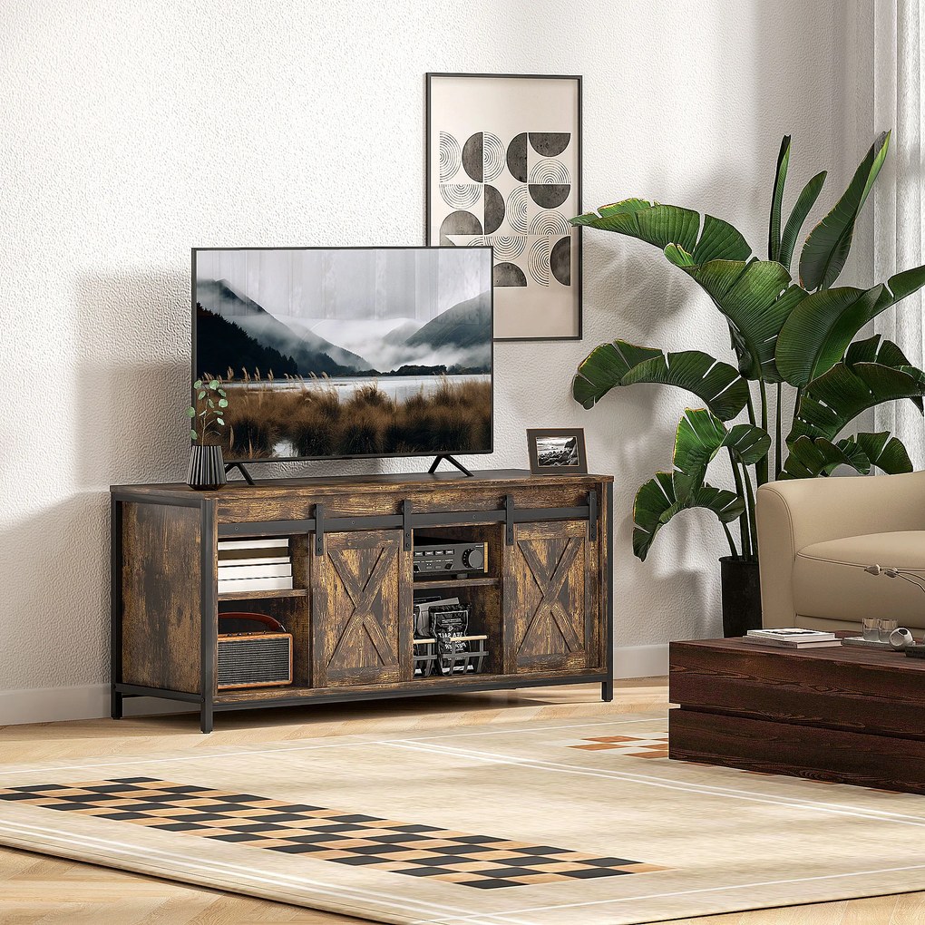 HOMCOM Niski stolik pod TV, design industrialny, na telewizory do 60'', 6 przegródek, 2 drzwi przesuwne, Brąz/Czarny