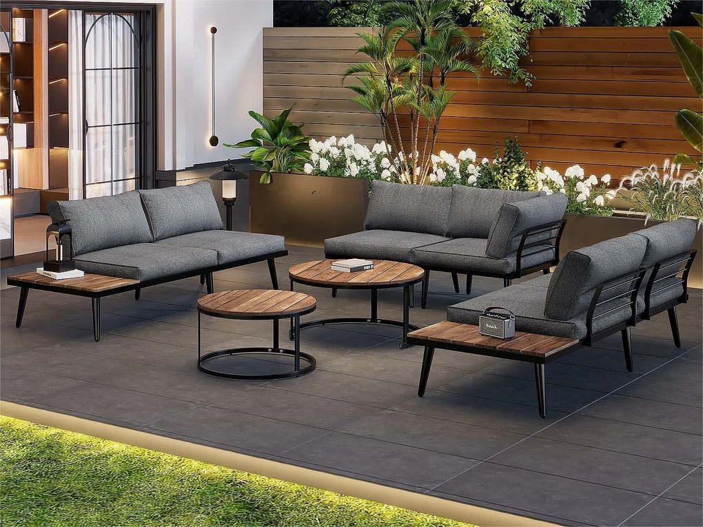 Zestaw mebli ogrodowych modułowych 6-osobowych - 2 sofy + 2 krzesła + komplet 2 stolików kawowych - kolory: antyczna szarość + brąz