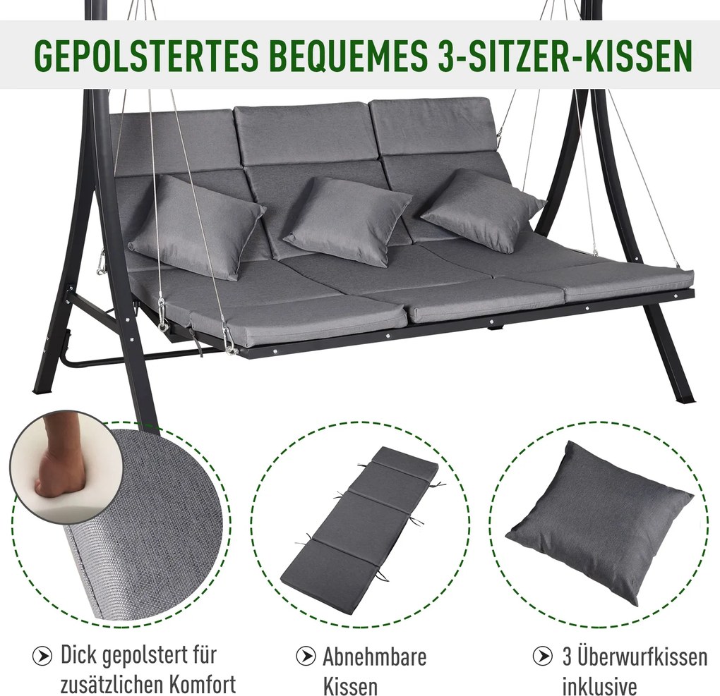 Outsunny Huśtawka Ogrodowa 3-osobowa, w zestawie z poduszkami, odporna na warunki atmosferyczne, 200 cm x 115 cm x 168 cm, Szara