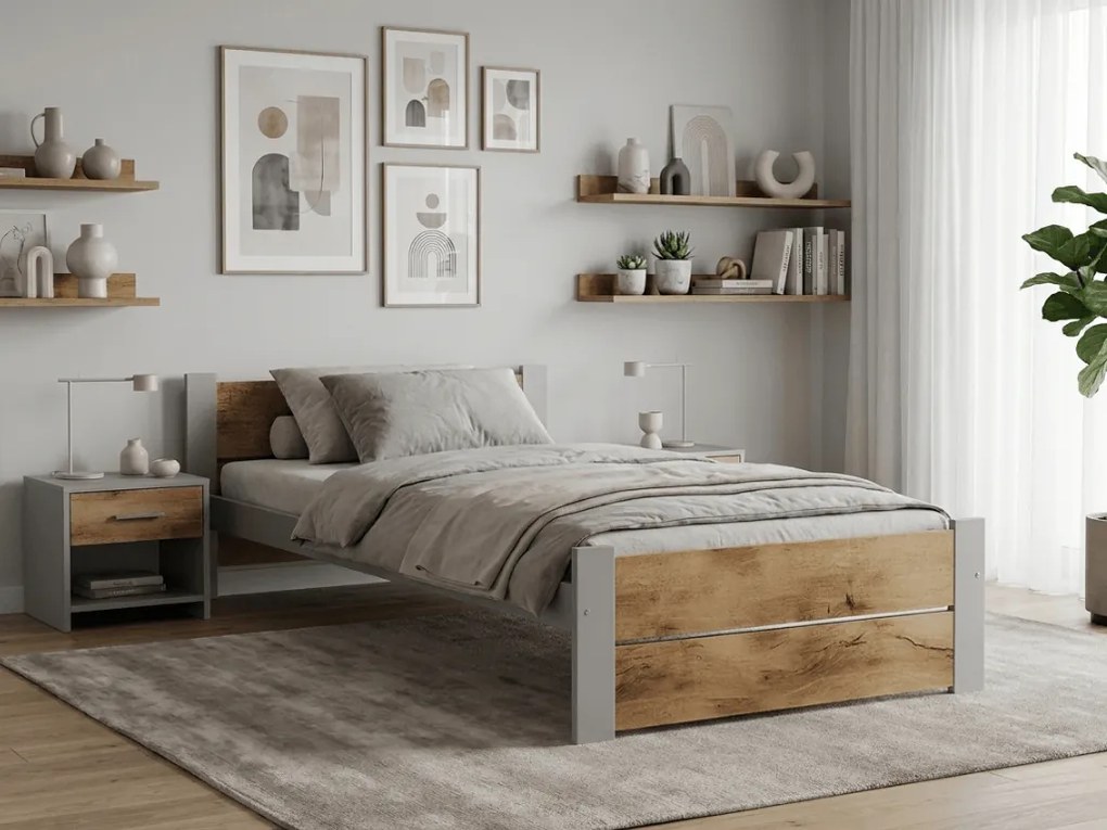 Łóżko IKAROS DOUBLE 90 x 200 cm, dąb artisan/szary Stelaż: Ze stelażem listwowym rolowanym, Materac: Materac Sommera
