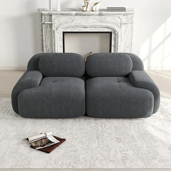 Sofa 2-osobowa Modułowa z Weluru Prążkowanego - z 2 Poduszkami - 208x103x75cm - Szary