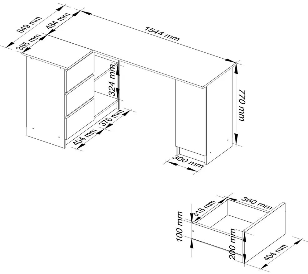 Lewostronne biurko z szufladami dąb artisan + biały F3-D14