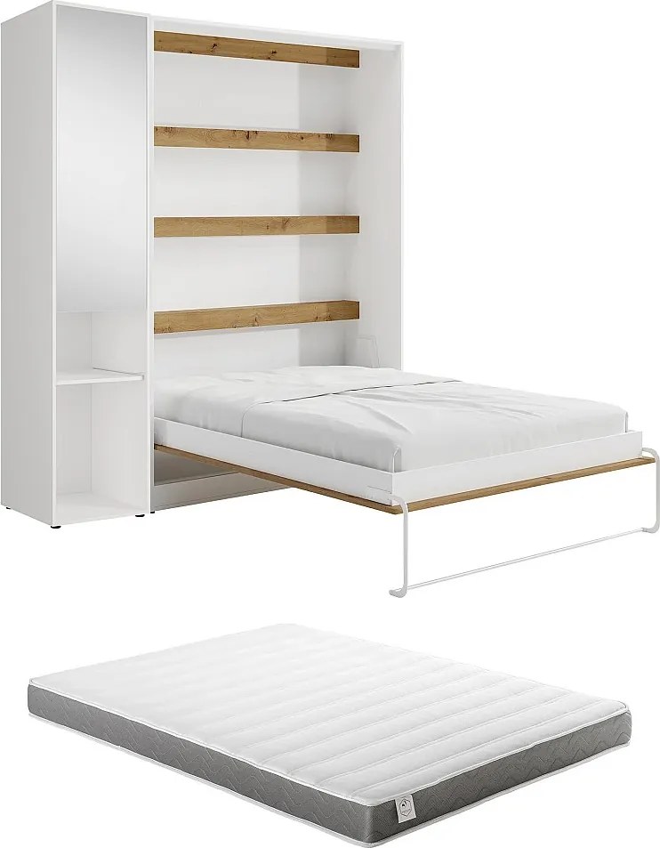 Łóżko chowane w szafie pionowe 160 x 200 cm - 1 kolumna do przechowywania - Z lustrem i oświetleniem LED - Białe i naturalne + Materac - RAPILI