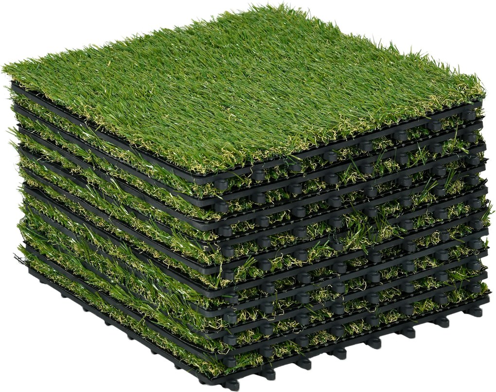 Outsunny 10 Sztuk Sztuczna Trawa 30 x 30 cm Maty Trawne Rolka Trawy Sztucznej 25 mm Plastikowa Ciemnozielona - Idealne do Ogrodu i Balkonu