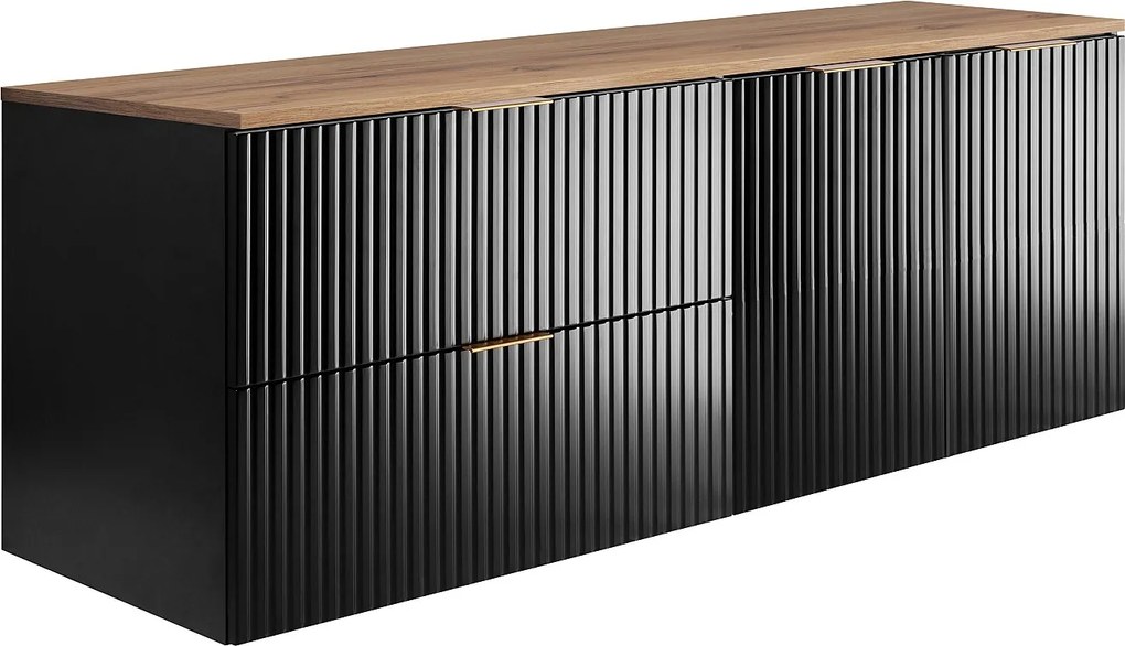 Zestaw łazienkowy: szafka z szufladami i szafka z drzwiami 57×46×160 cm, kolor: czarny / blat Dąb Craft, uchwyt złoty