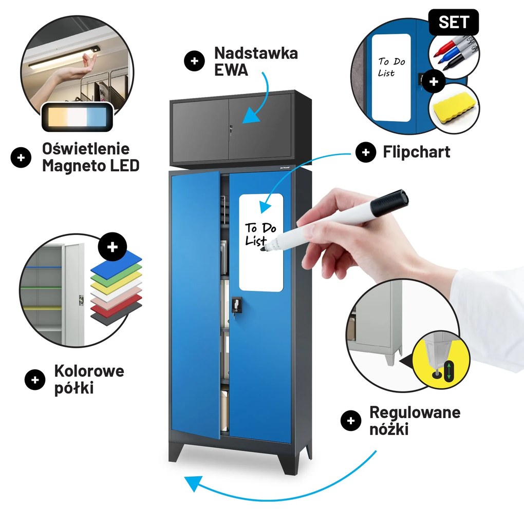 Szafa na dokumenty biurowa metalowa antracytowo-niebieska: JAN H, 900 x 1950 x 400 mm