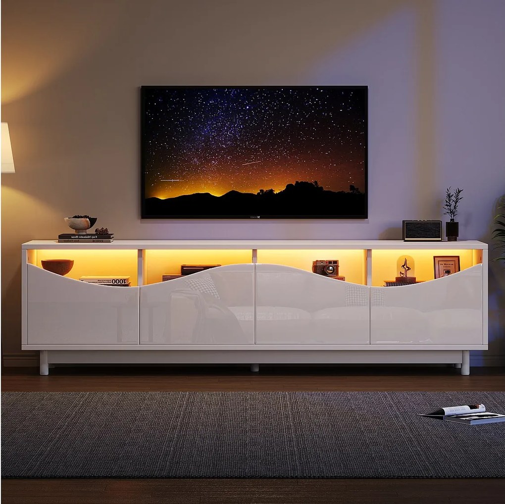 Szafka RTV z 4 drzwiami - 175 x 38 x 51 cm - diody LED - drewno MDF i szkło hartowane - połyskująca biel