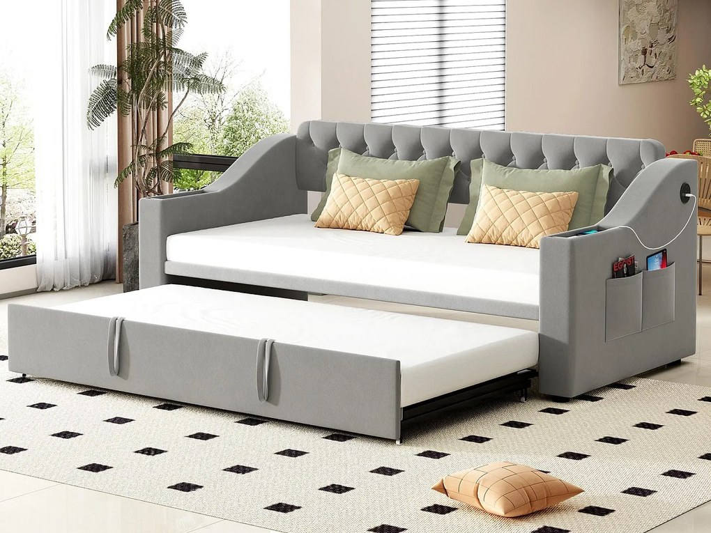 Łóżko piętrowe 90/180x190 cm - z gniazdkami i kieszenią na przechowywanie - materiał aksamitny - Szary