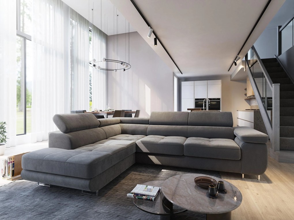 Masseno Narożnik SELVA z Funkcją Spania i Pojemnikiem na Pościel Narożnik L, Rozkładana sofa - Szary, MONOLITH 85