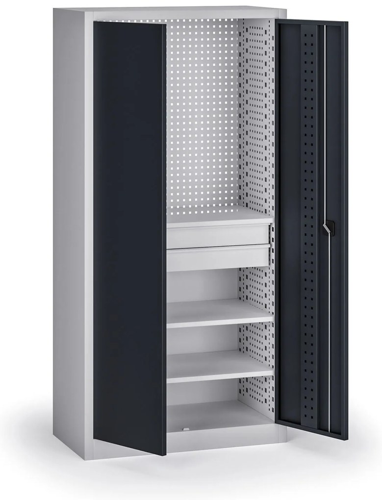 Szafa warsztatowa, 3 półki + 2 szuflady, 1950 × 950 × 500 mm, grafitowe drzwi