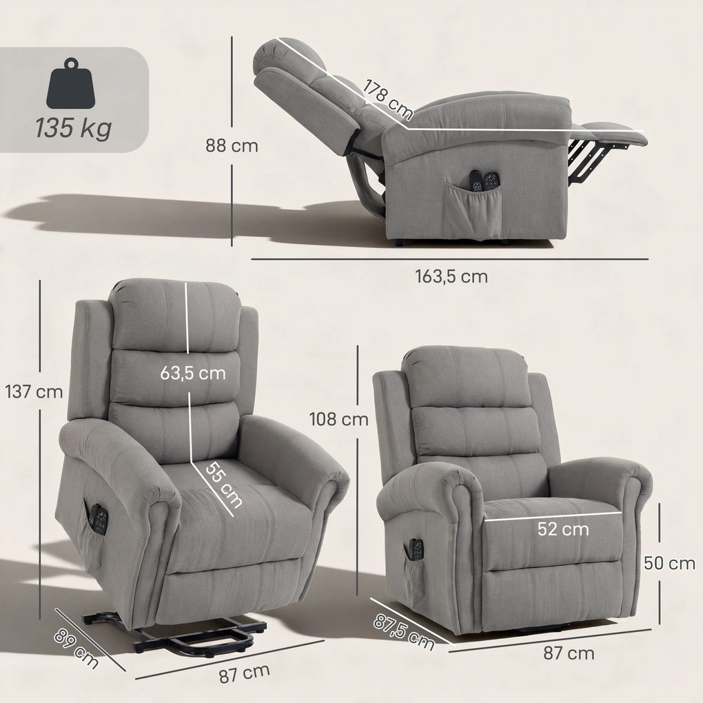 HOMCOM Fotel z funkcją Power-Lift, masażem wibracyjnym i ogrzewaniem, fotel z funkcją podnoszenia, port USB, kieszenie boczne i pilot, jasnoszary | Aosom PL