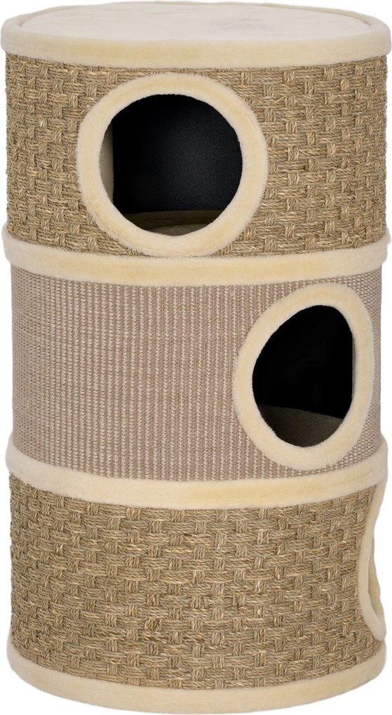 PawHut Tuba do drapania, 79 cm wys., Ø45 cm, trzy poziomy, sizalowy sznur, norka dla kota, dla dużych kotów, Khaki+Brąz